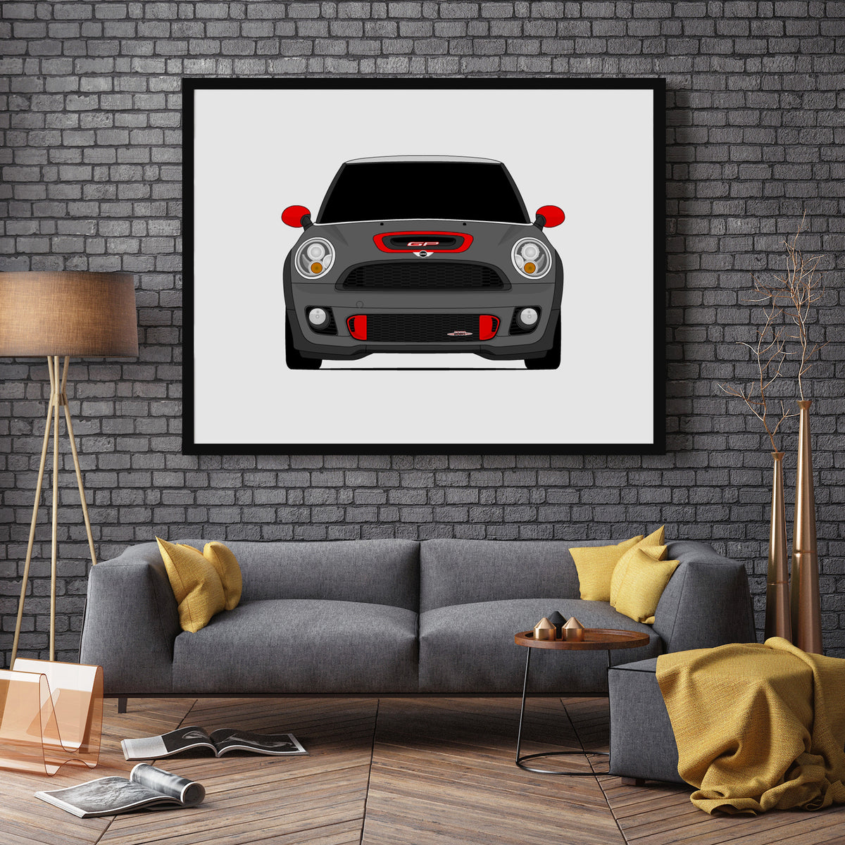 Mini Cooper GP2 (2012-2014) R56 Gen 2 car poster wall art in a dark grey living room
