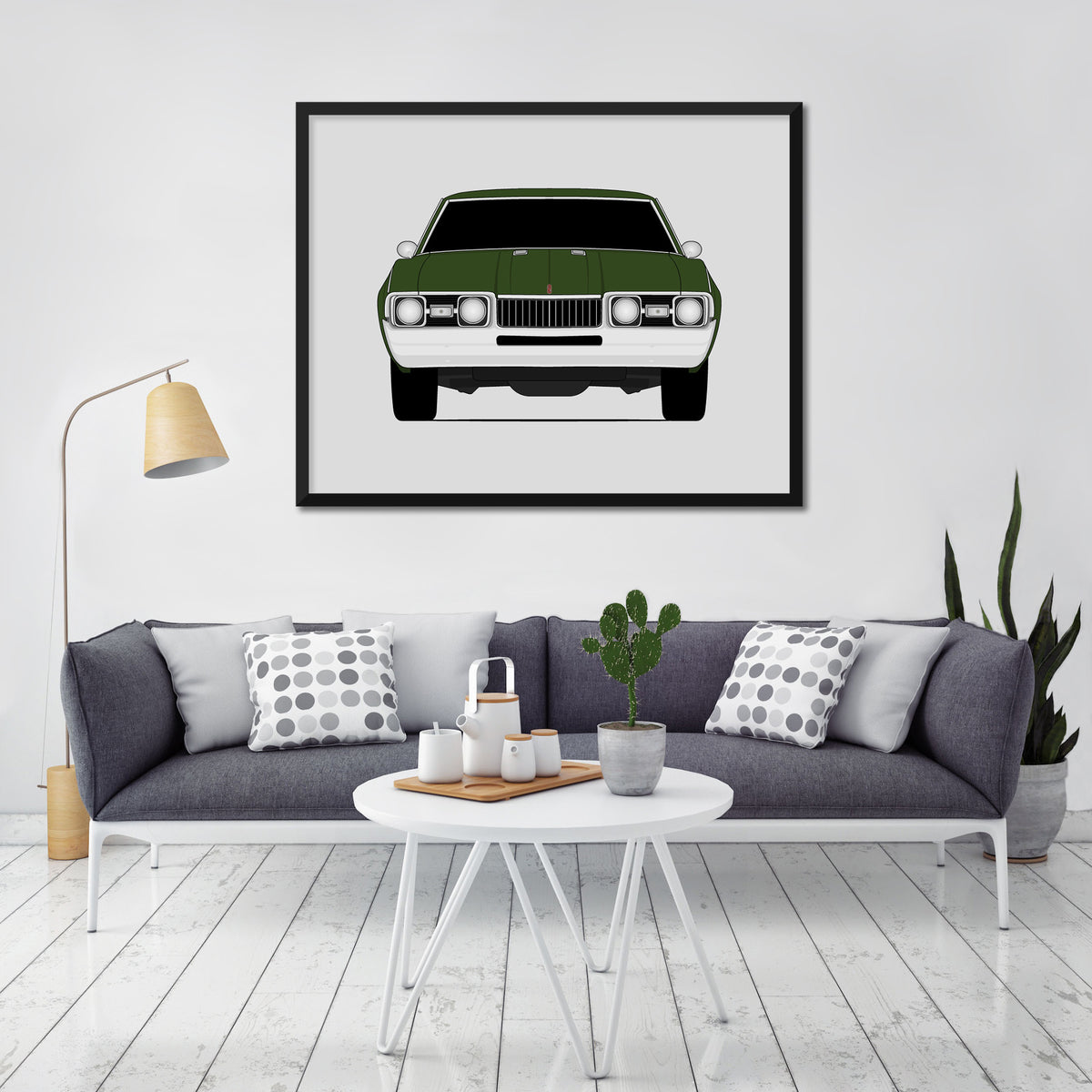 Oldsmobile Cutlass (1968) car poster wall art in a light living room