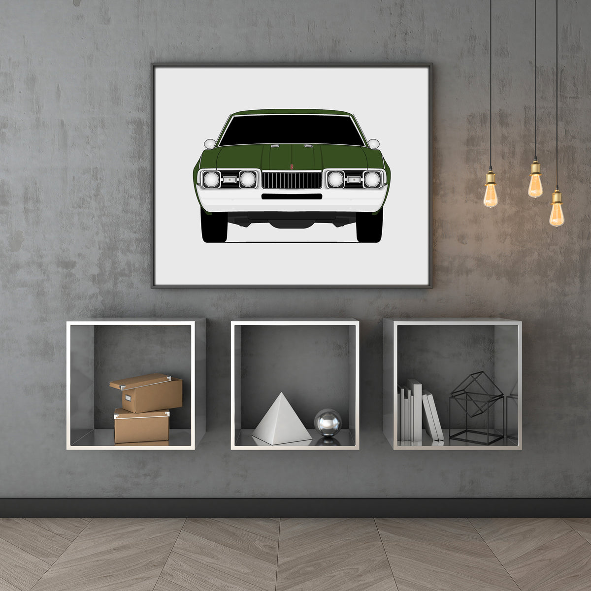 Oldsmobile Cutlass (1968) car poster wall art above shelves