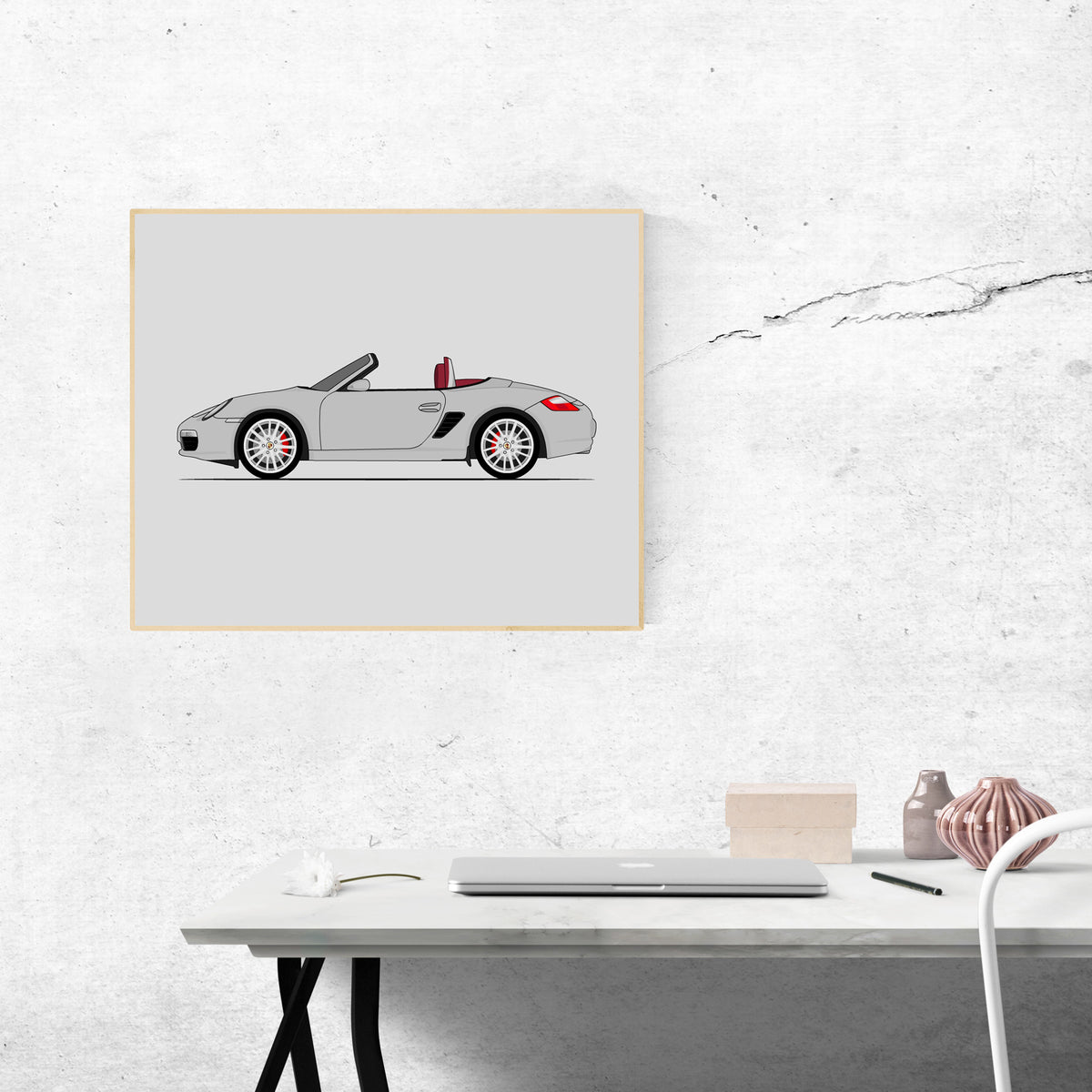 Porsche Boxster RS 60 Spyder (2004-2008) 987.1 (Side Profile) car poster wall art above a desk