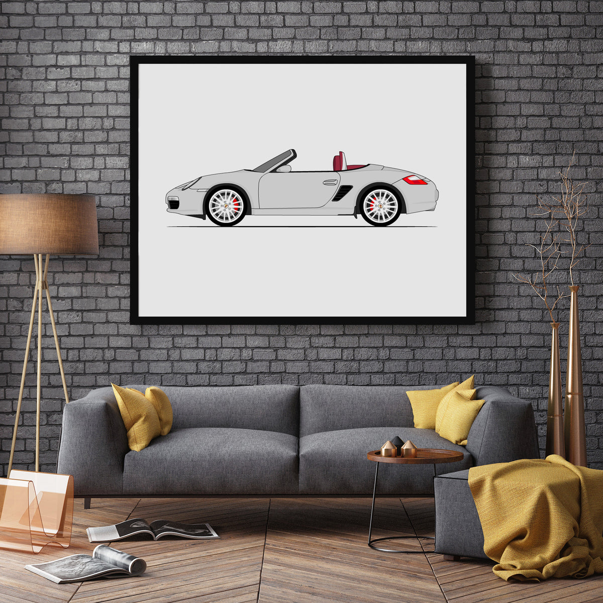 Porsche Boxster RS 60 Spyder (2004-2008) 987.1 (Side Profile) car poster wall art in a dark grey living room