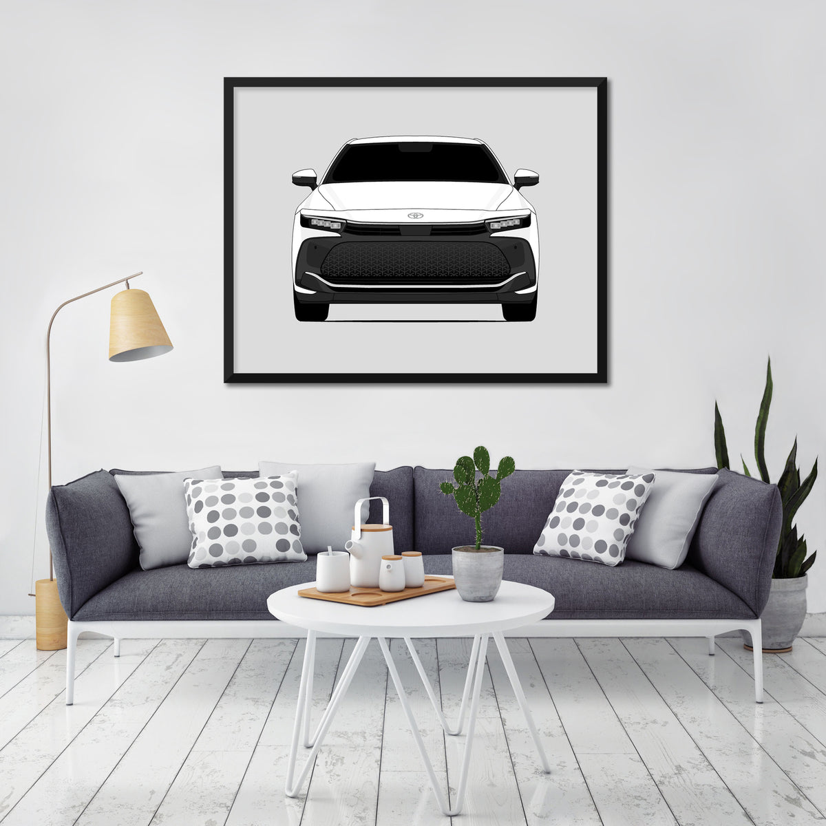 Toyota Crown (2023-Present) car poster wall art in a light living room