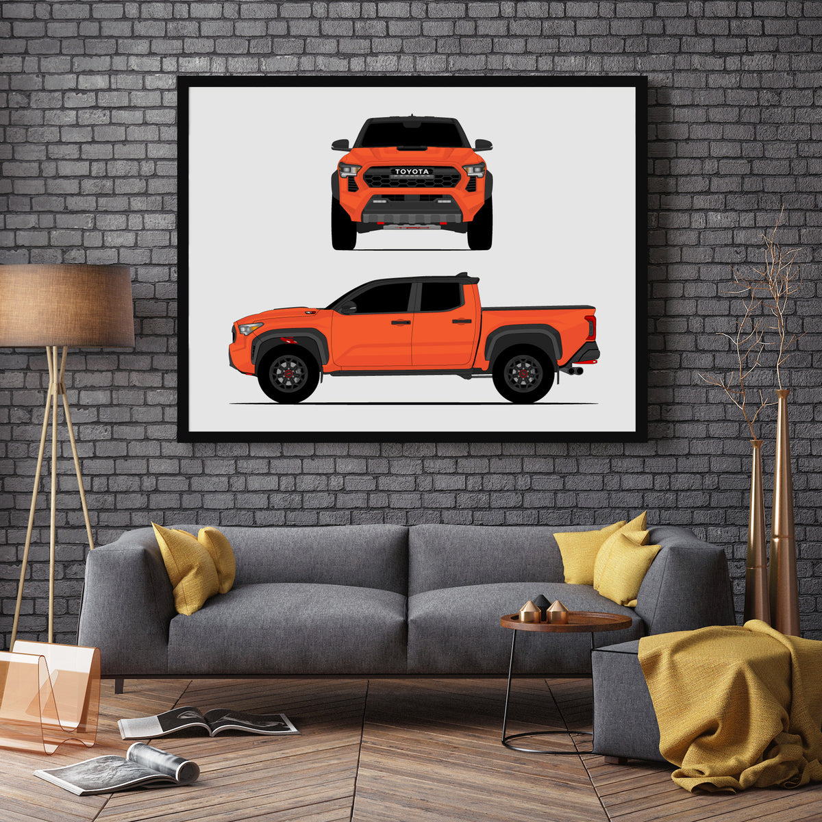Toyota Tacoma TRD Pro (2024-Present) Gen 4 (Front and Side) car poster wall art in a dark grey living room
