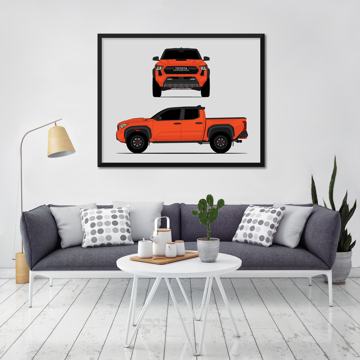 Toyota Tacoma TRD Pro (2024-Present) Gen 4 (Front and Side) car poster wall art in a light living room