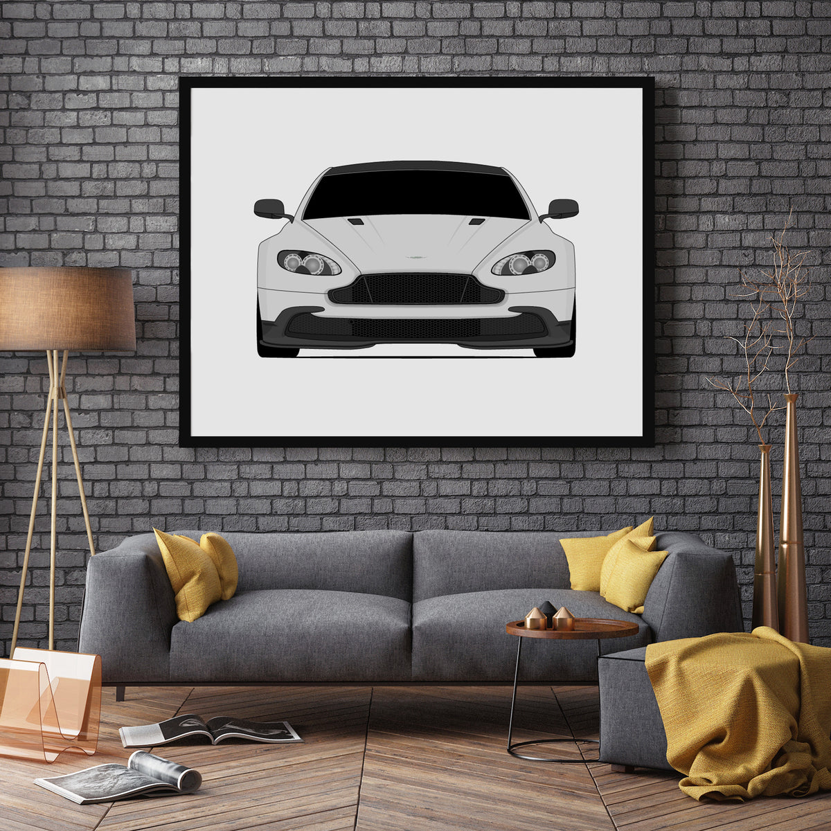 Aston Martin Vantage GT8 (2016-2017) car poster wall art in a dark grey living room