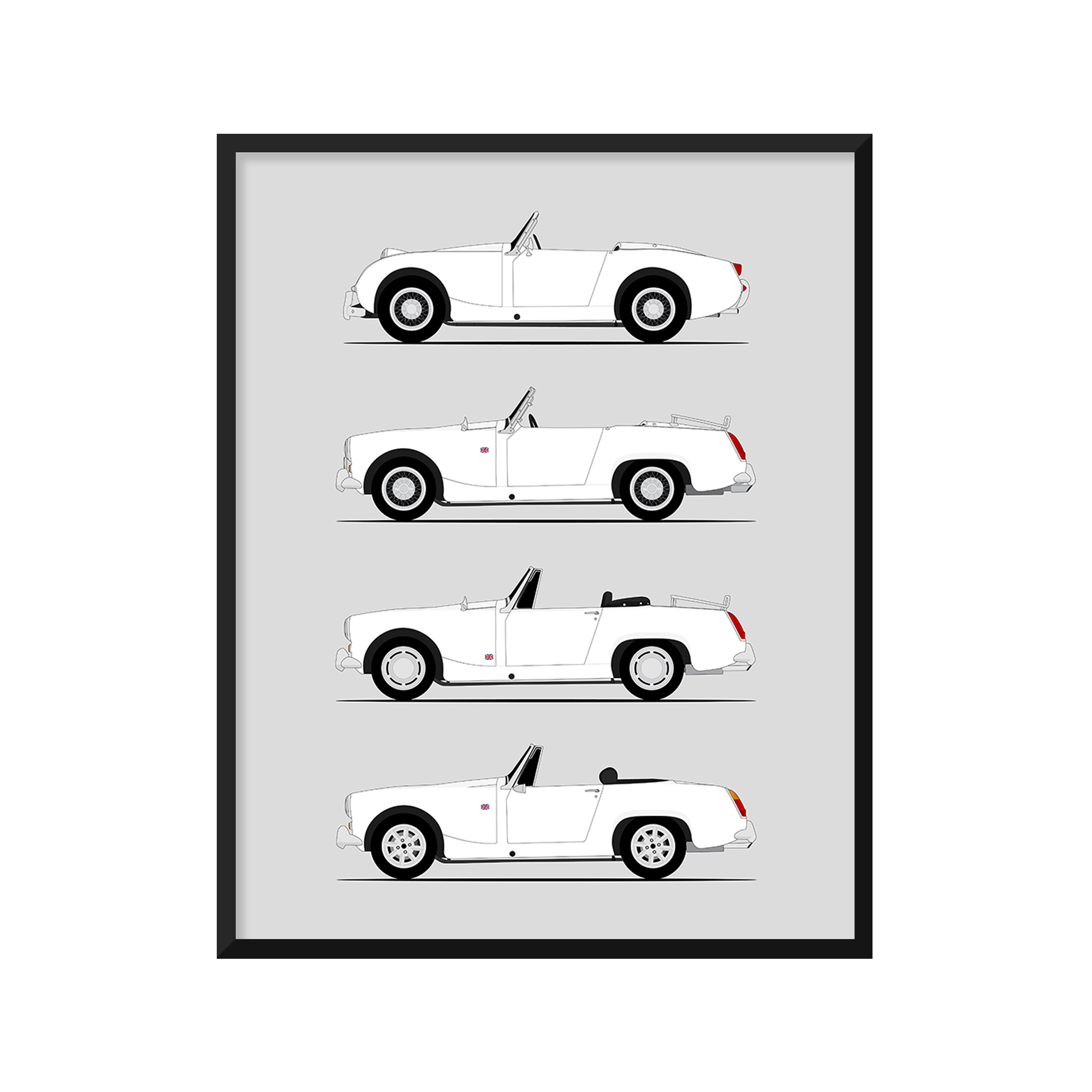Austin Healey Sprite Generations History and Evolution Poster (Side Profile)