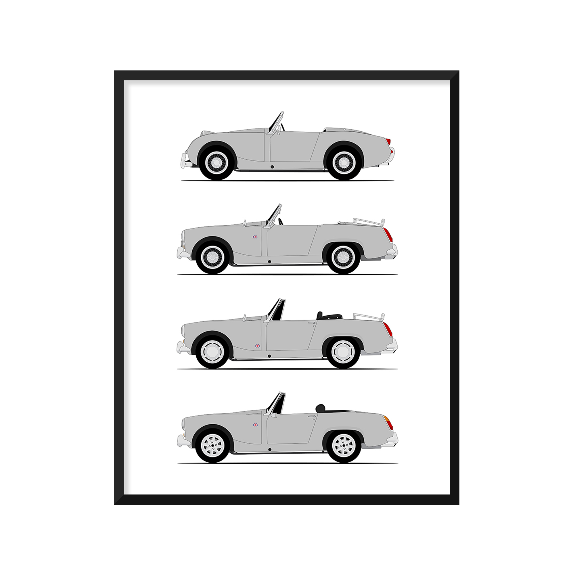 Austin Healey Sprite Generations History and Evolution Poster (Side Profile)