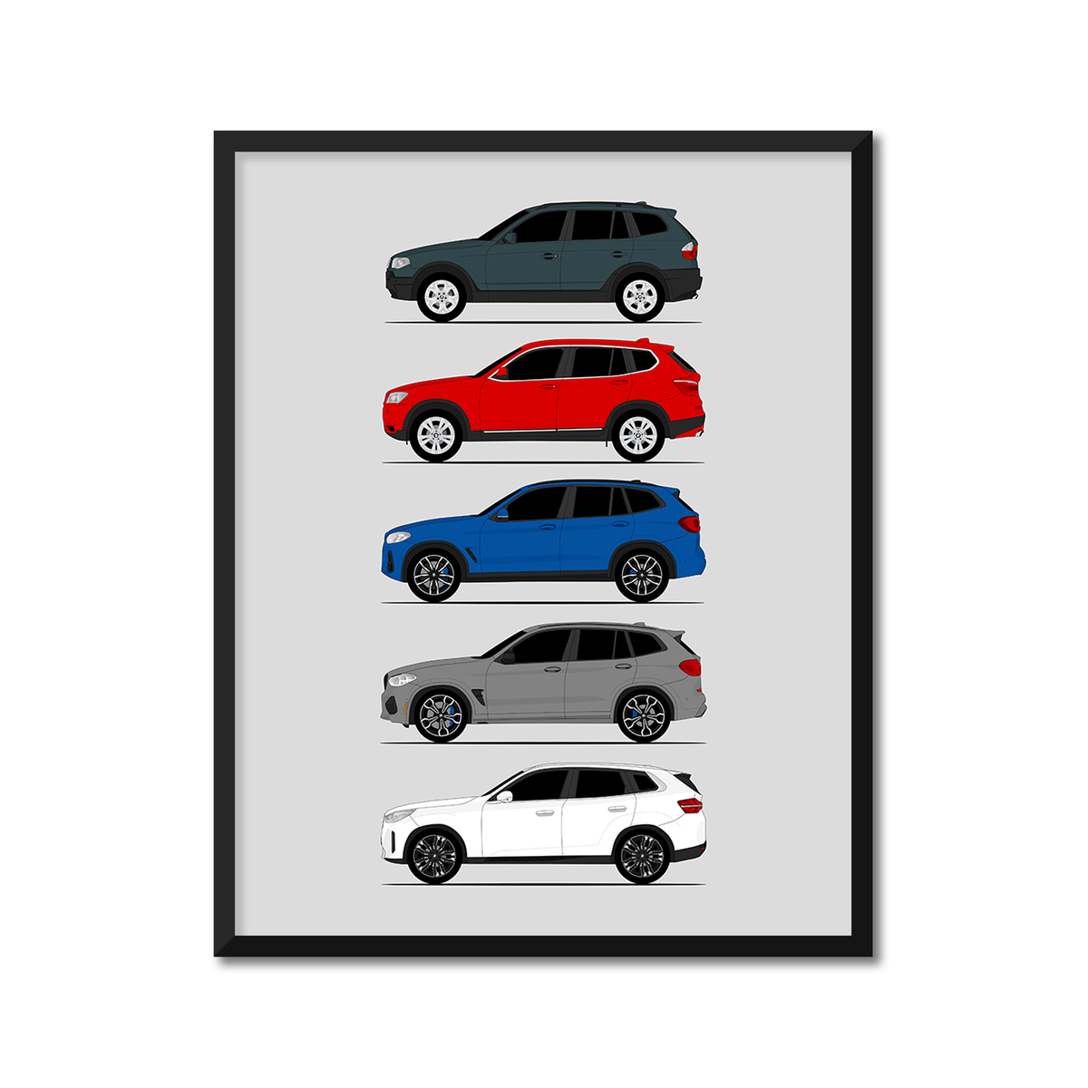BMW X3 Generations History and Evolution Poster (Side Profile), framed with mat