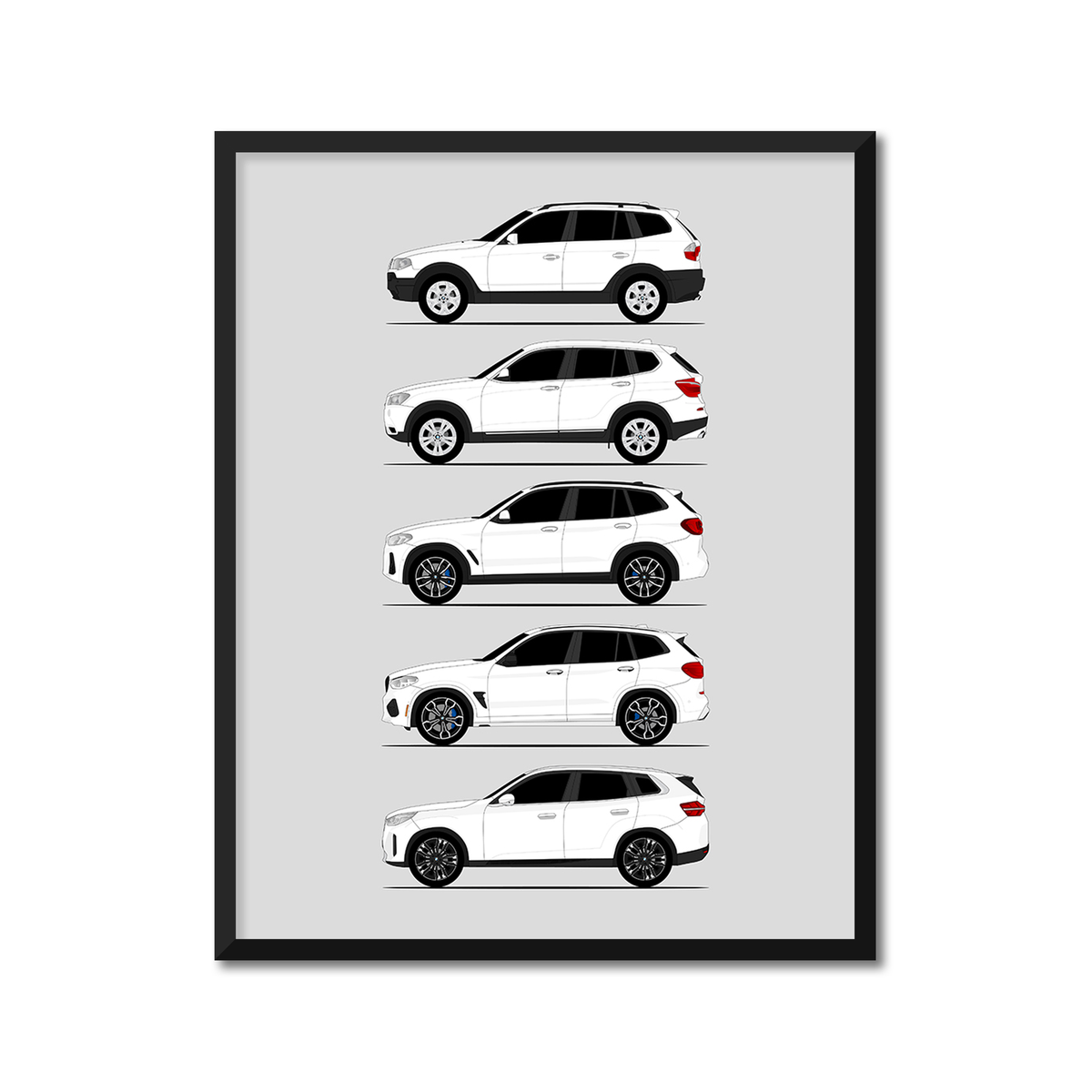 BMW X3 Generations History and Evolution Poster (Side Profile), framed with mat, variation 2