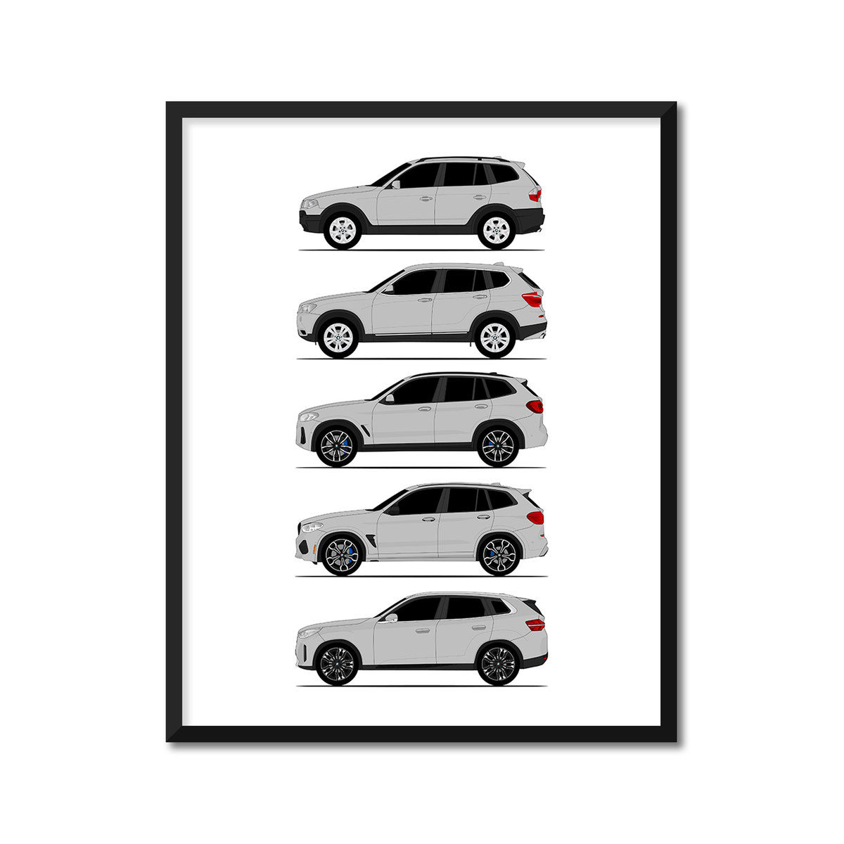 BMW X3 Generations History and Evolution Poster (Side Profile), framed with mat, variation 3