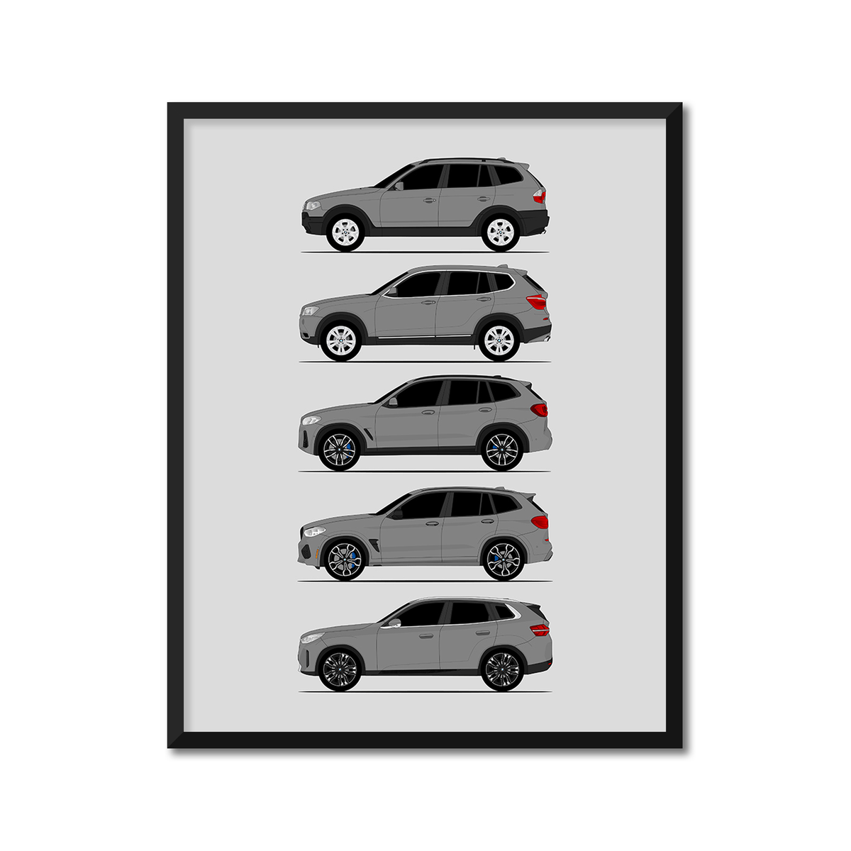BMW X3 Generations History and Evolution Poster (Side Profile), framed with mat, variation 4