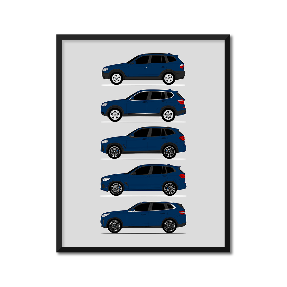 BMW X3 Generations History and Evolution Poster (Side Profile), framed with mat, variation 5