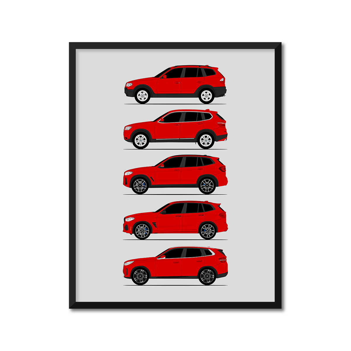 BMW X3 Generations History and Evolution Poster (Side Profile), framed with mat, variation 6