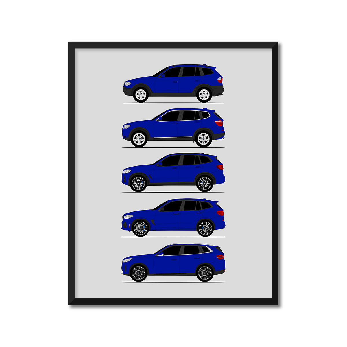 BMW X3 Generations History and Evolution Poster (Side Profile), framed with mat, variation 7