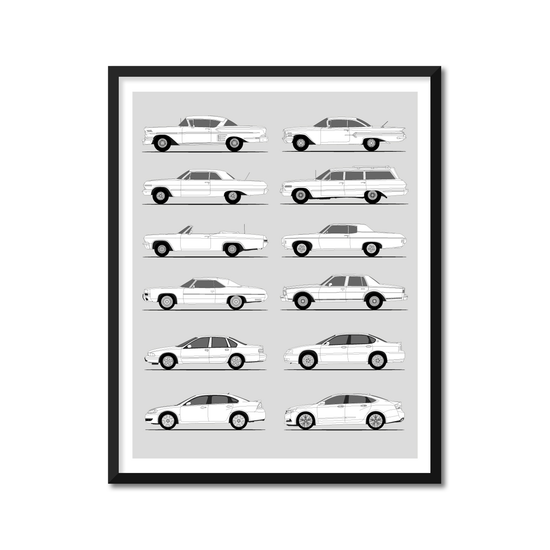 Chevy Impala Generations History and Evolution Poster (Side Profile)