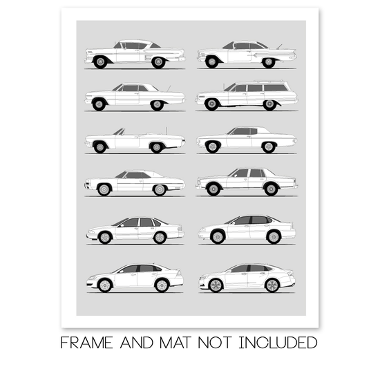Chevy Impala Generations History and Evolution Poster (Side Profile)