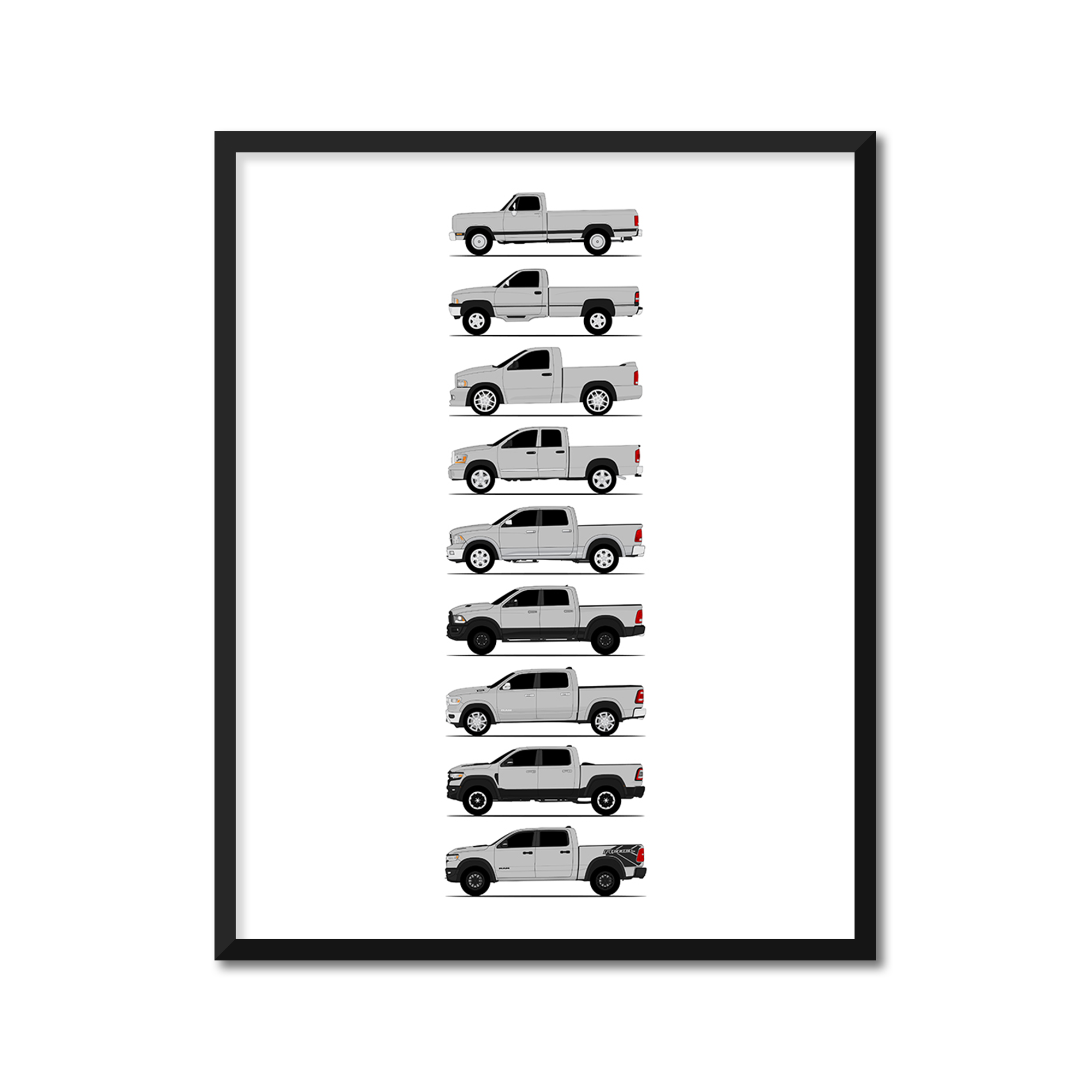 Dodge 1500 Generations History and Evolution Poster (Side Profile)