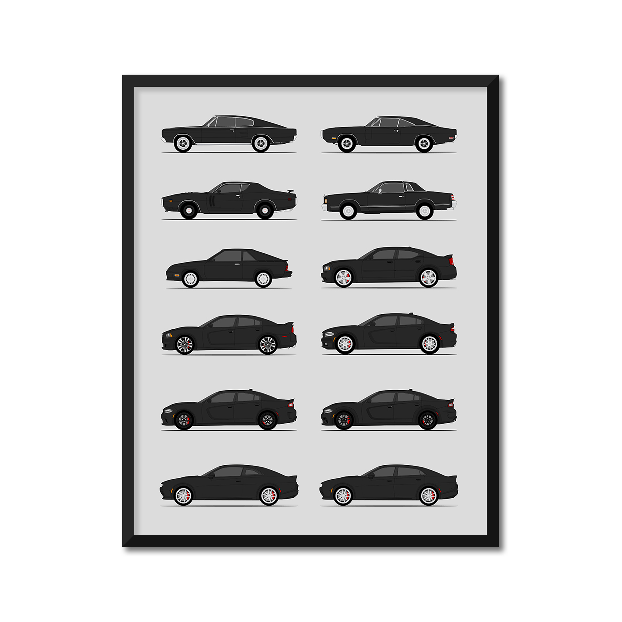 Dodge Charger Generations History and Evolution Poster (Side Profile)