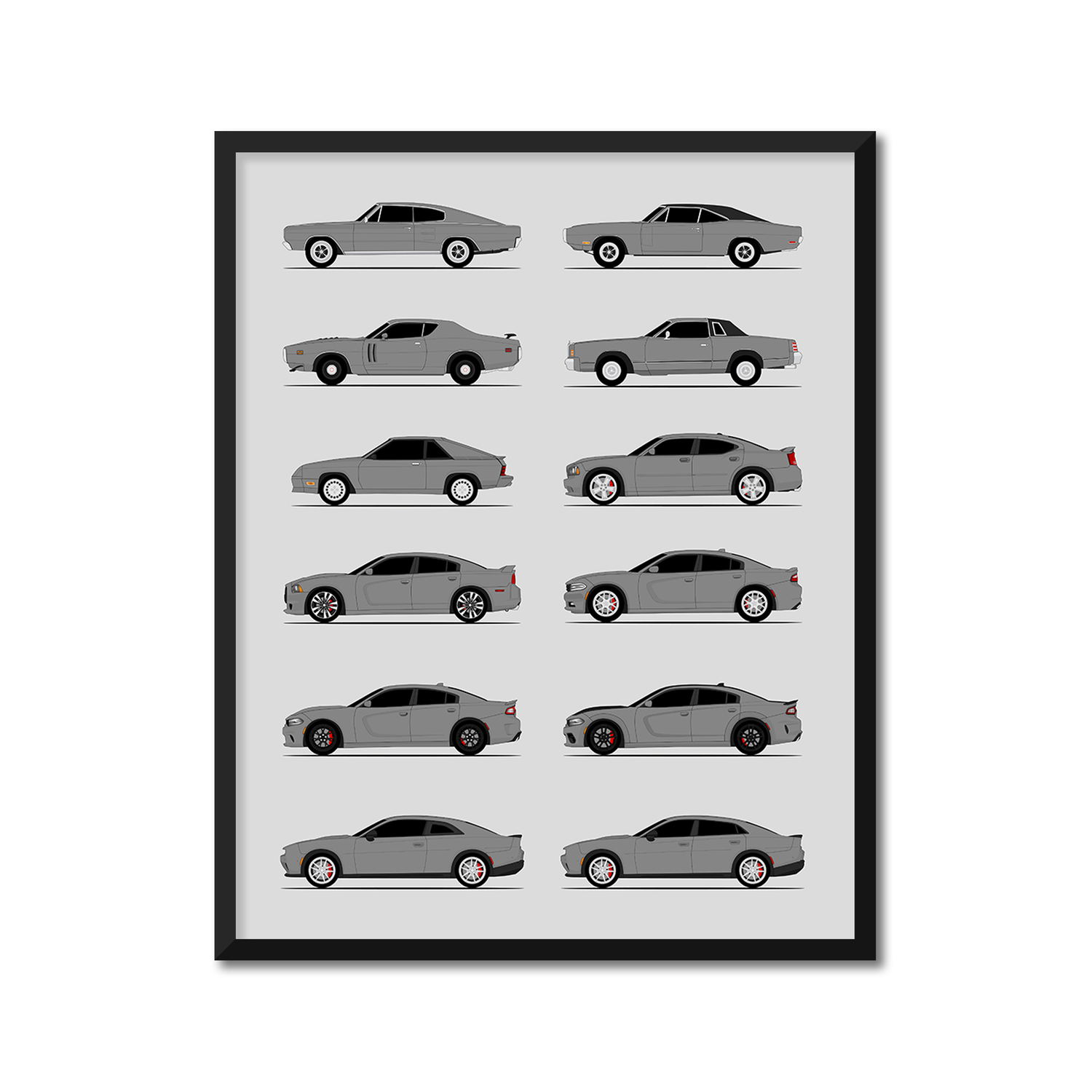 Dodge Charger Generations History and Evolution Poster (Side Profile)