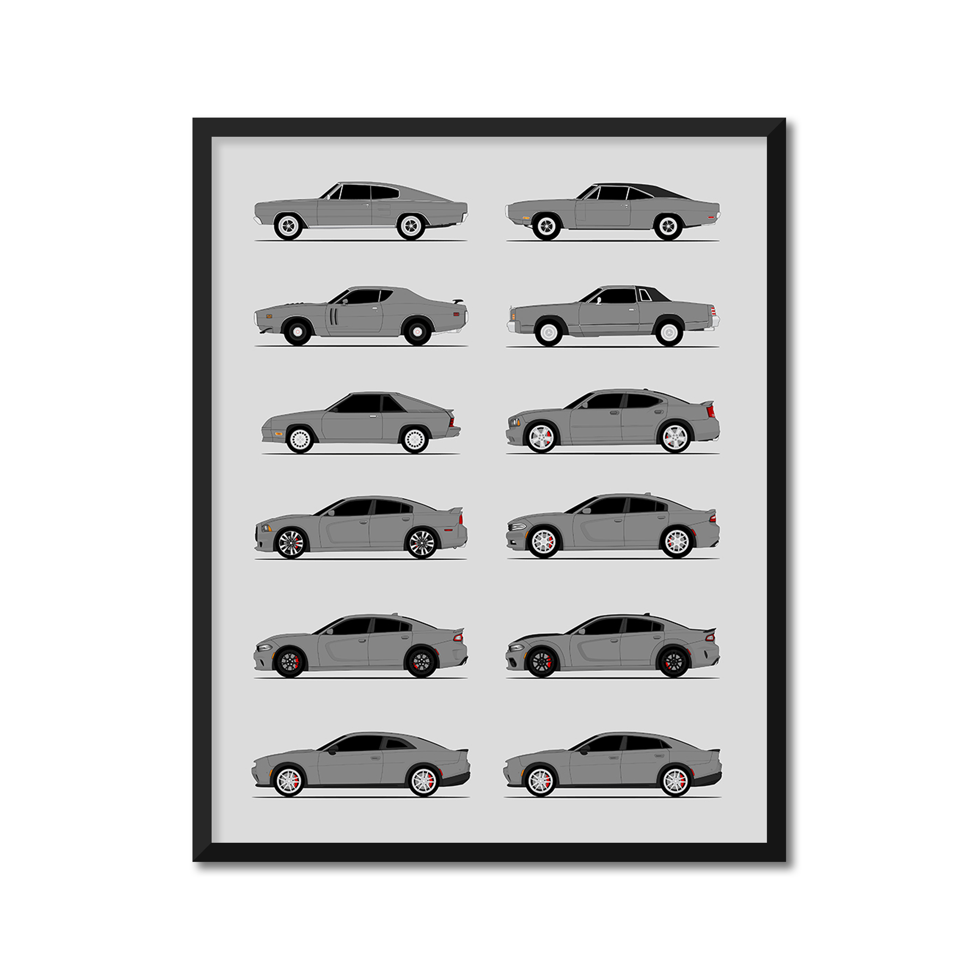 Dodge Charger Generations History and Evolution Poster (Side Profile)