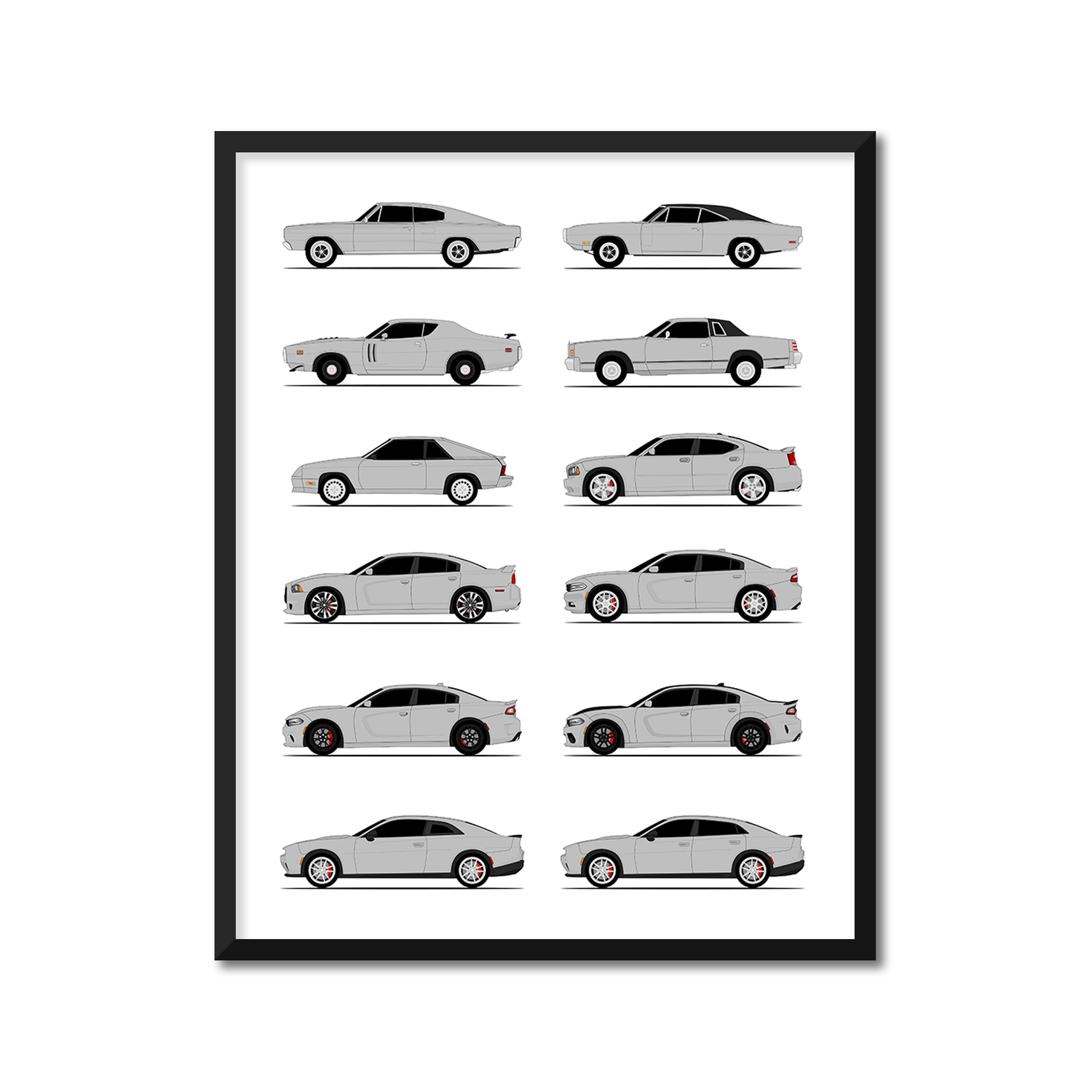 Dodge Charger Generations History and Evolution Poster (Side Profile)