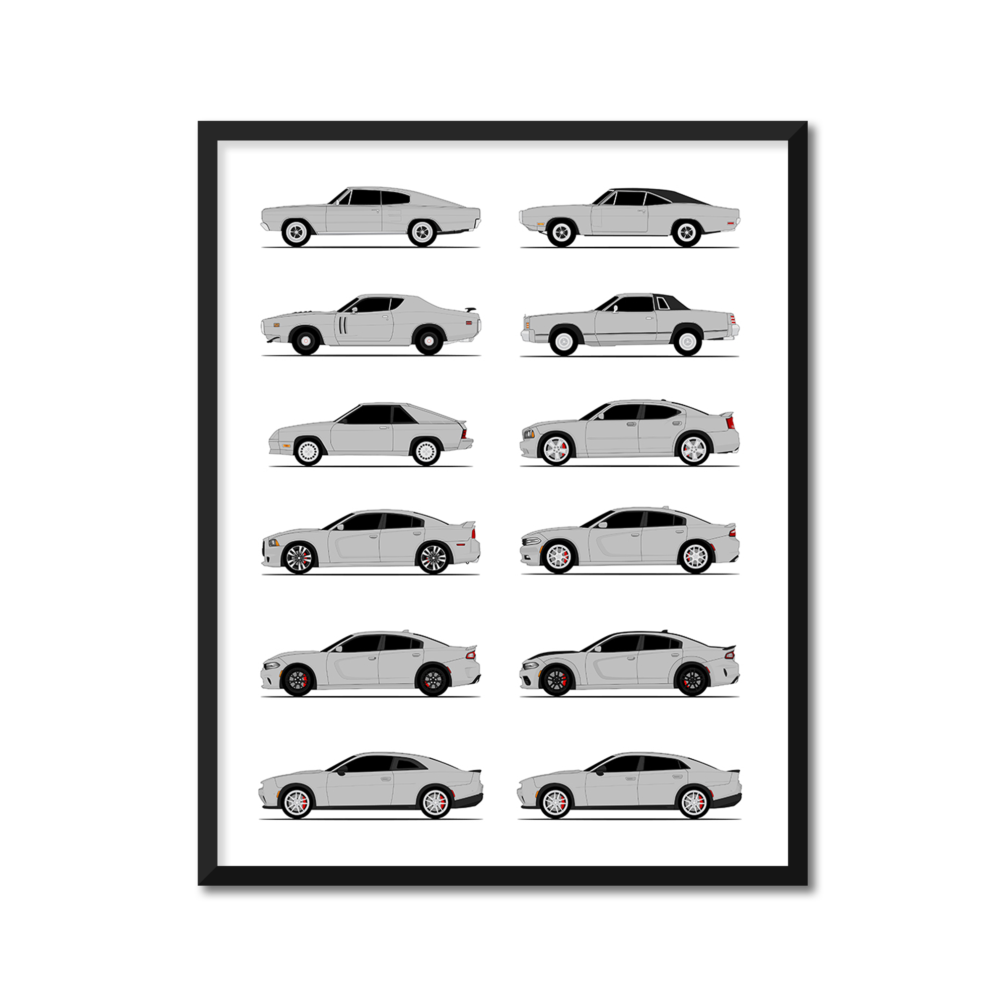 Dodge Charger Generations History and Evolution Poster (Side Profile)