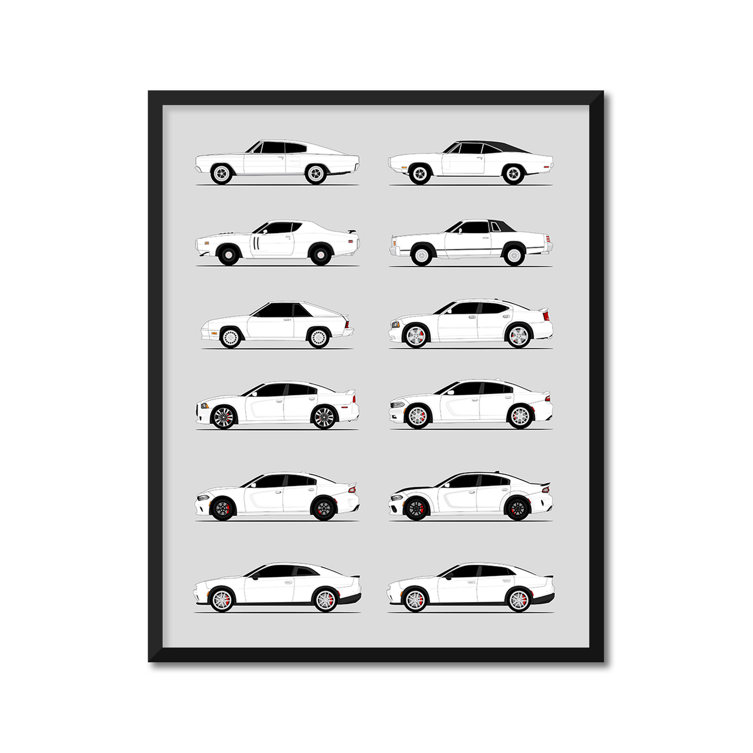 Dodge Charger Generations History and Evolution Poster (Side Profile)