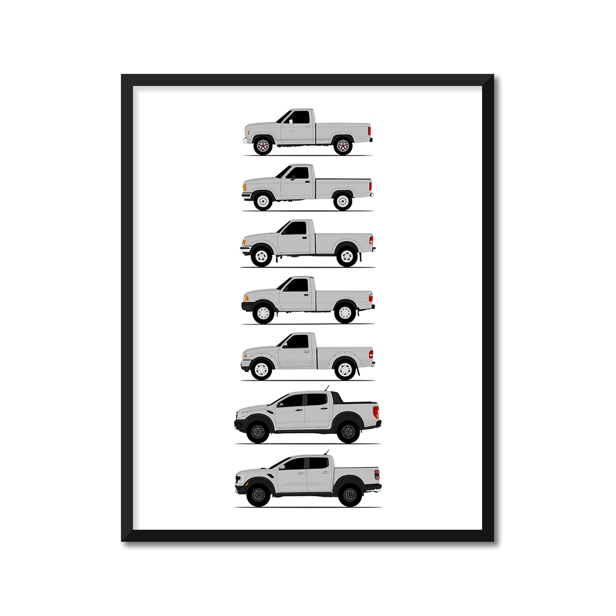 Ford Ranger Generations History and Evolution Poster (Side Profile)