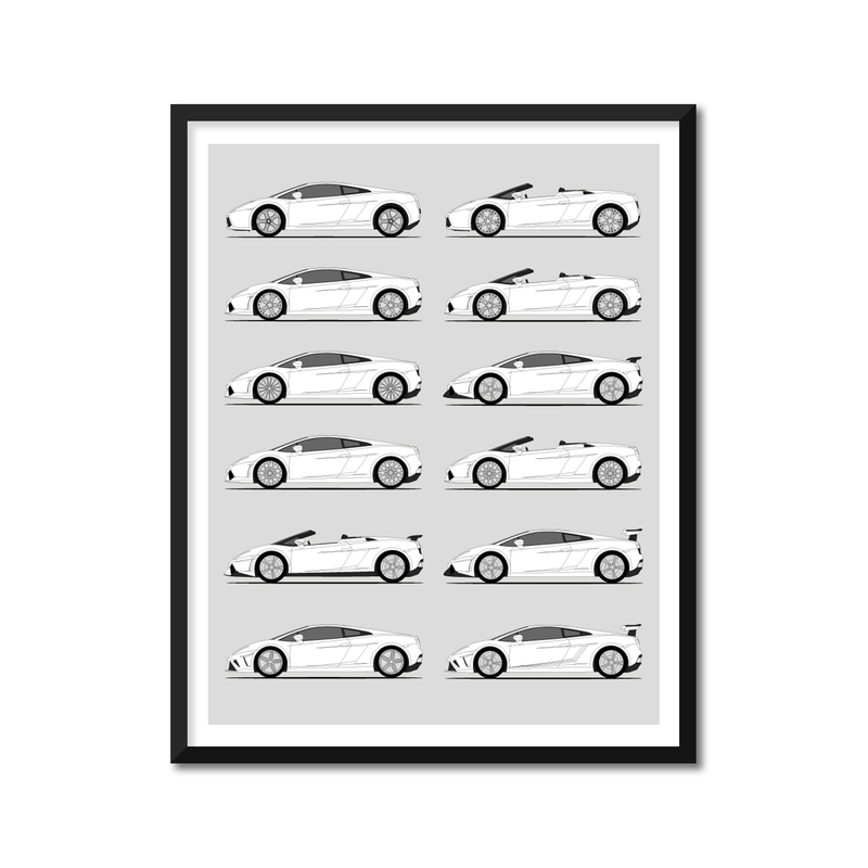 Lamborghini Gallardo Generations History and Evolution Poster (Side Profile)