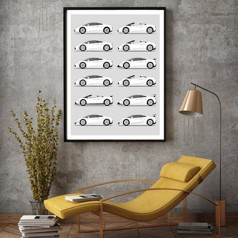 Lamborghini Gallardo Generations History and Evolution Poster (Side Profile)