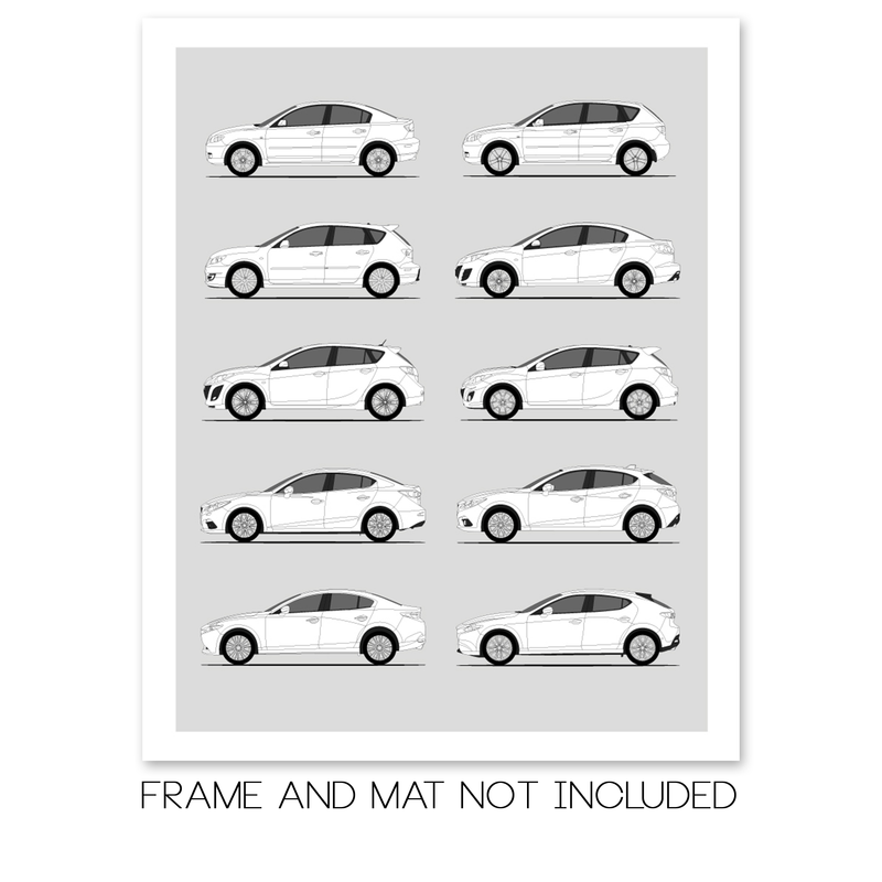 Mazda 3 Generations History and Evolution Poster (Side Profile)