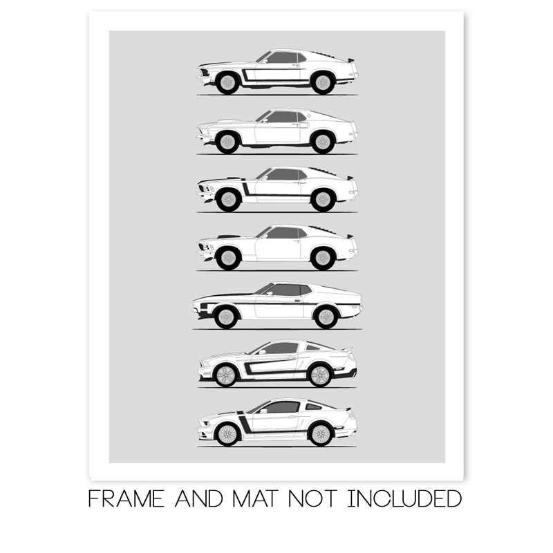 Ford Mustang Boss 302 351 429 Generations History and Evolution Poster (Side Profile)