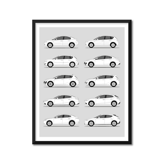 Mazda 3 Generations History and Evolution Poster (Side Profile)