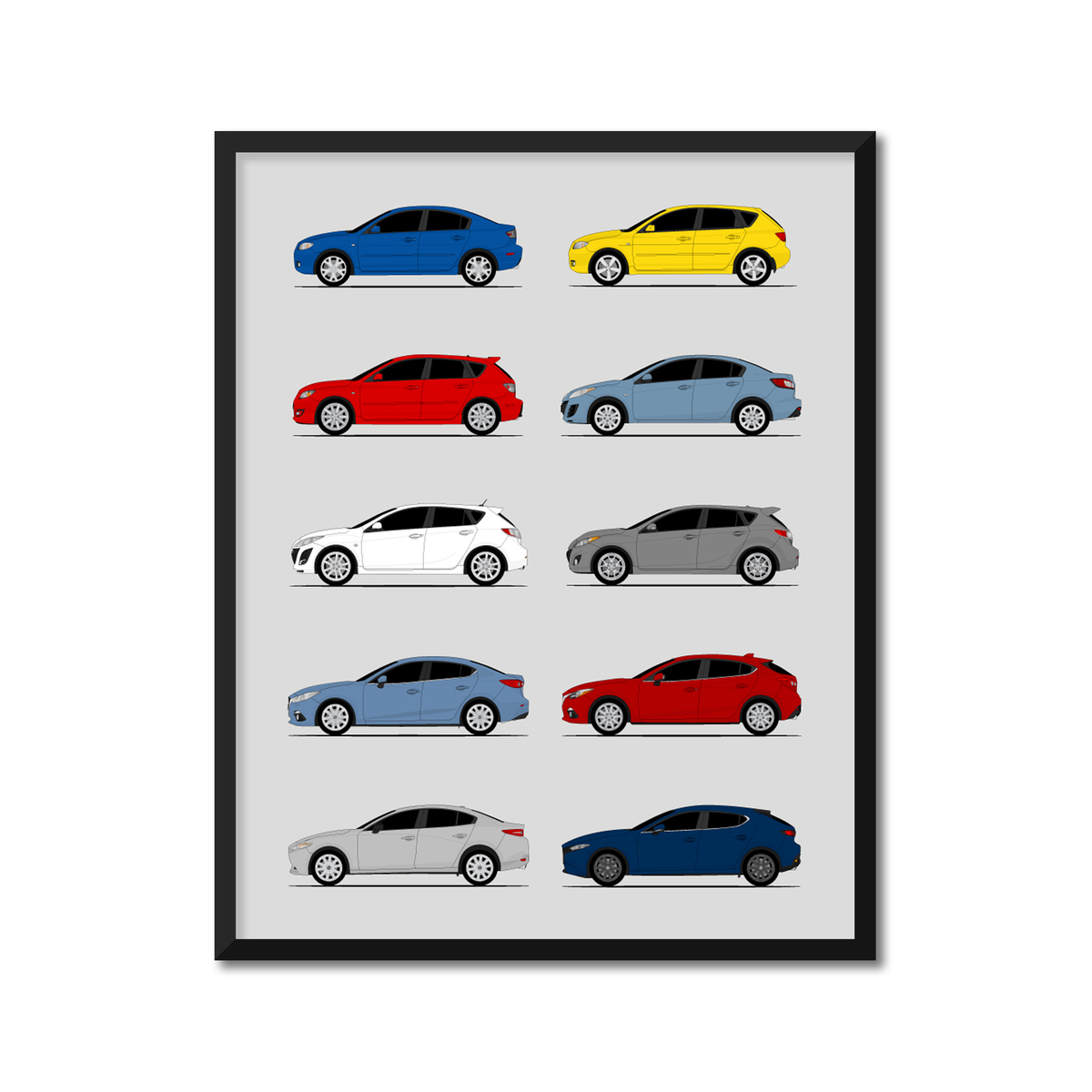 Mazda 3 Generations History and Evolution Poster (Side Profile)