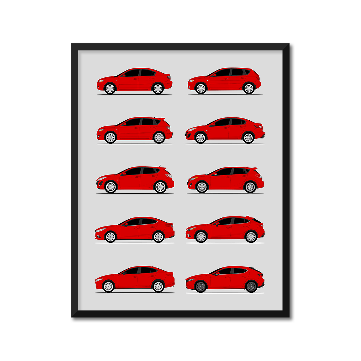 Mazda 3 Generations History and Evolution Poster (Side Profile)