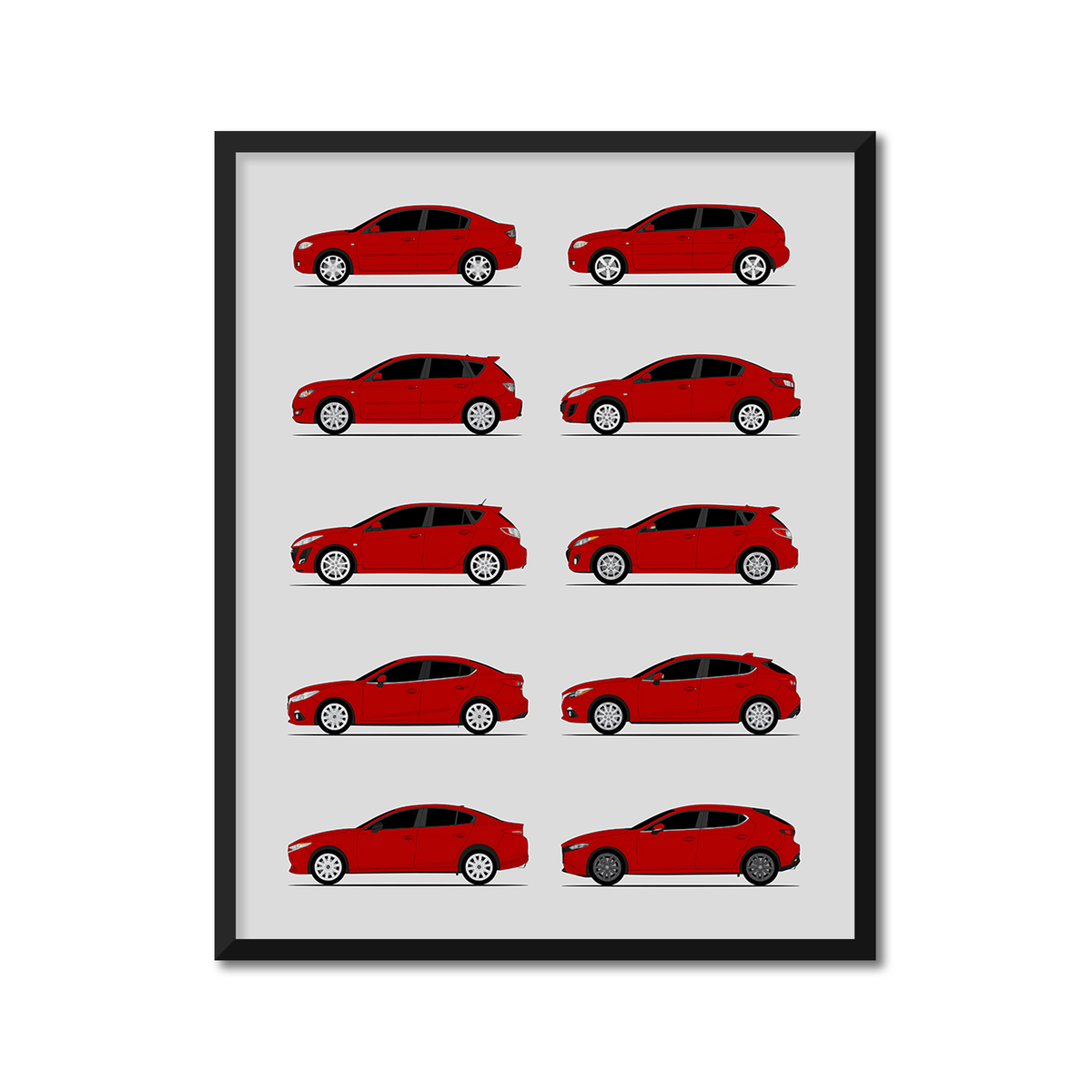 Mazda 3 Generations History and Evolution Poster (Side Profile)