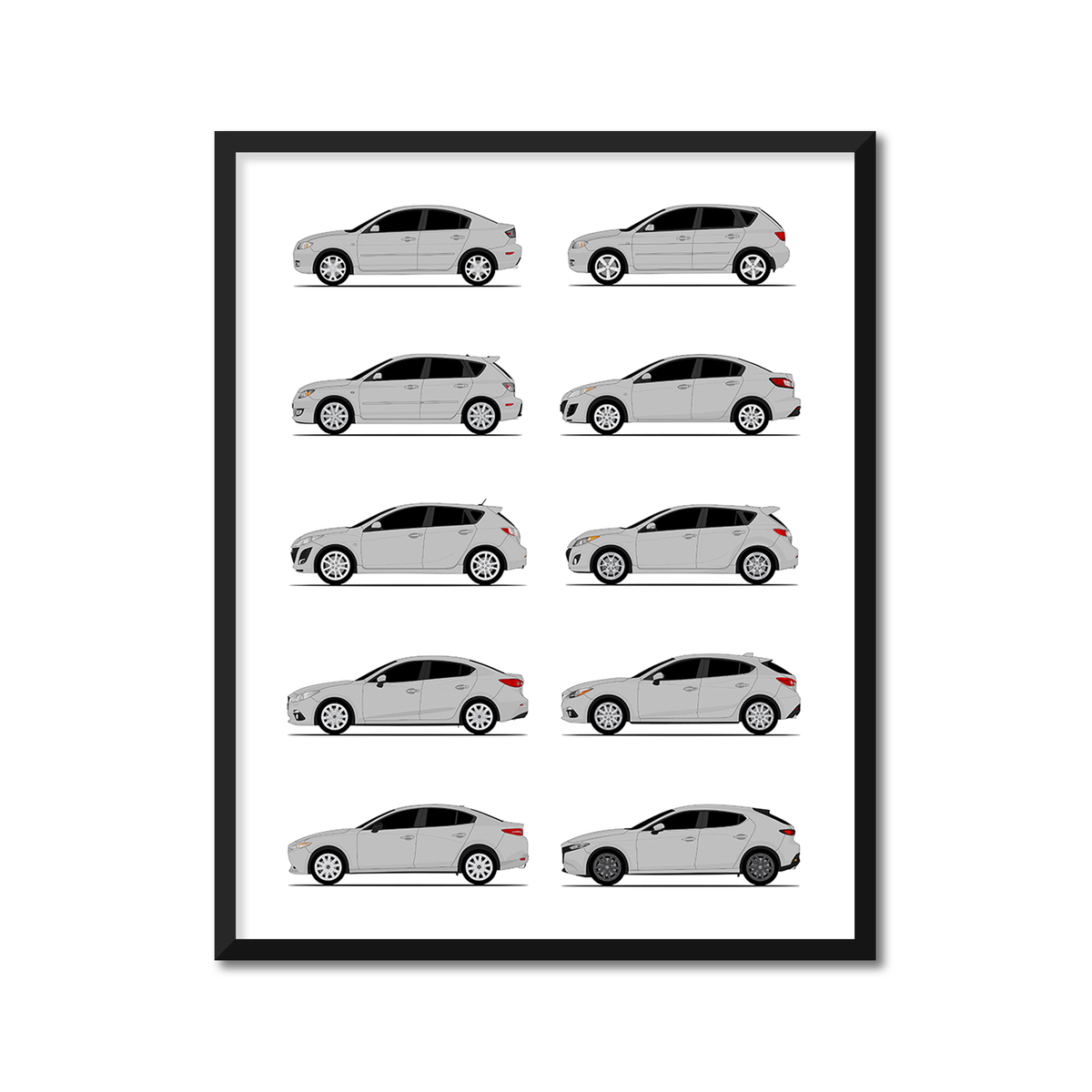 Mazda 3 Generations History and Evolution Poster (Side Profile)