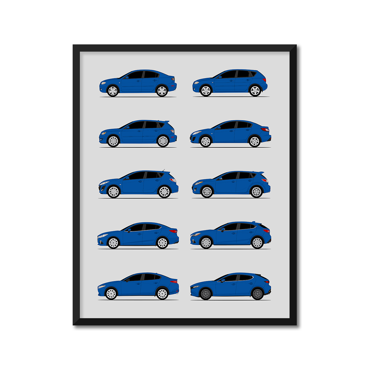 Mazda 3 Generations History and Evolution Poster (Side Profile)