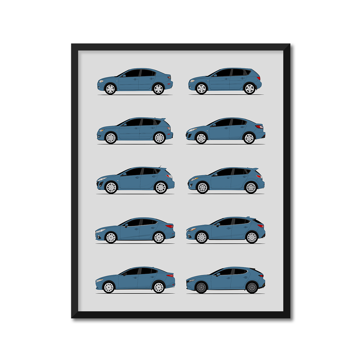 Mazda 3 Generations History and Evolution Poster (Side Profile)