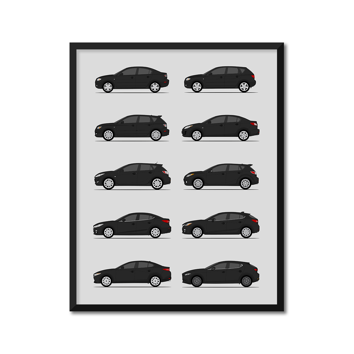 Mazda 3 Generations History and Evolution Poster (Side Profile)