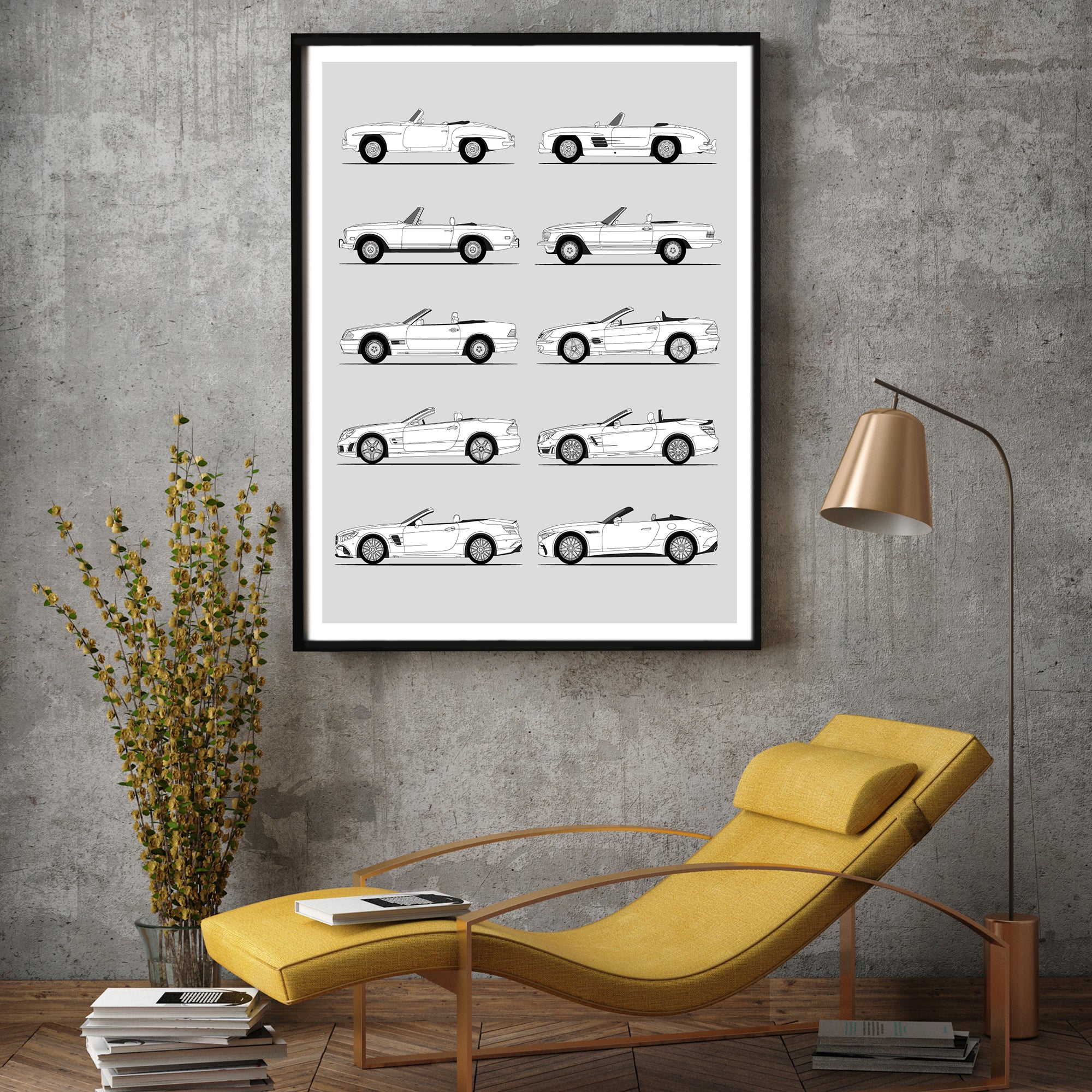 Mercedes-Benz SL Roadster Generations History and Evolution Poster (Side Profile)