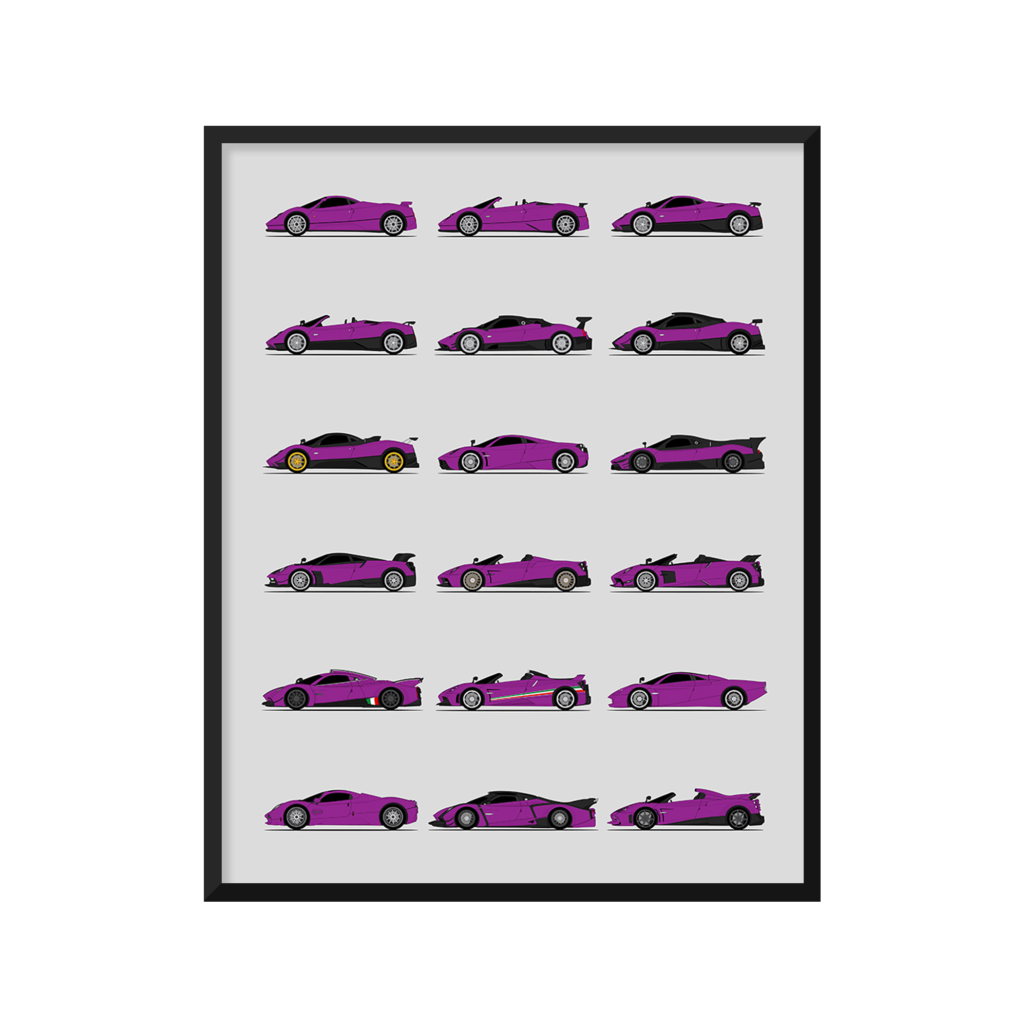 Pagani Best Generations History and Evolution Poster (Side Profile)