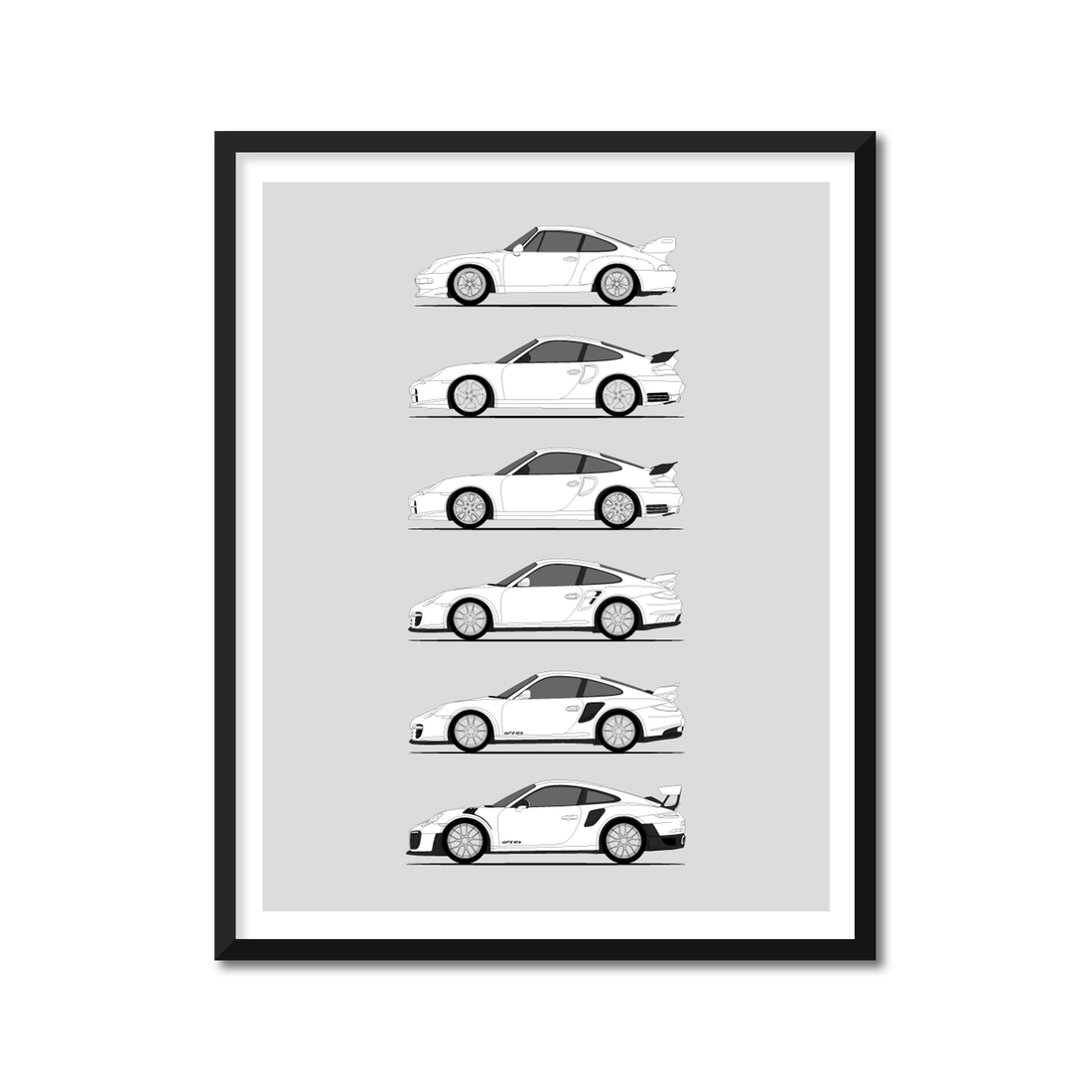 Porsche GT2 Generations History and Evolution Poster (Side Profile)