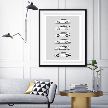 Porsche GT2 Generations History and Evolution Poster (Side Profile)