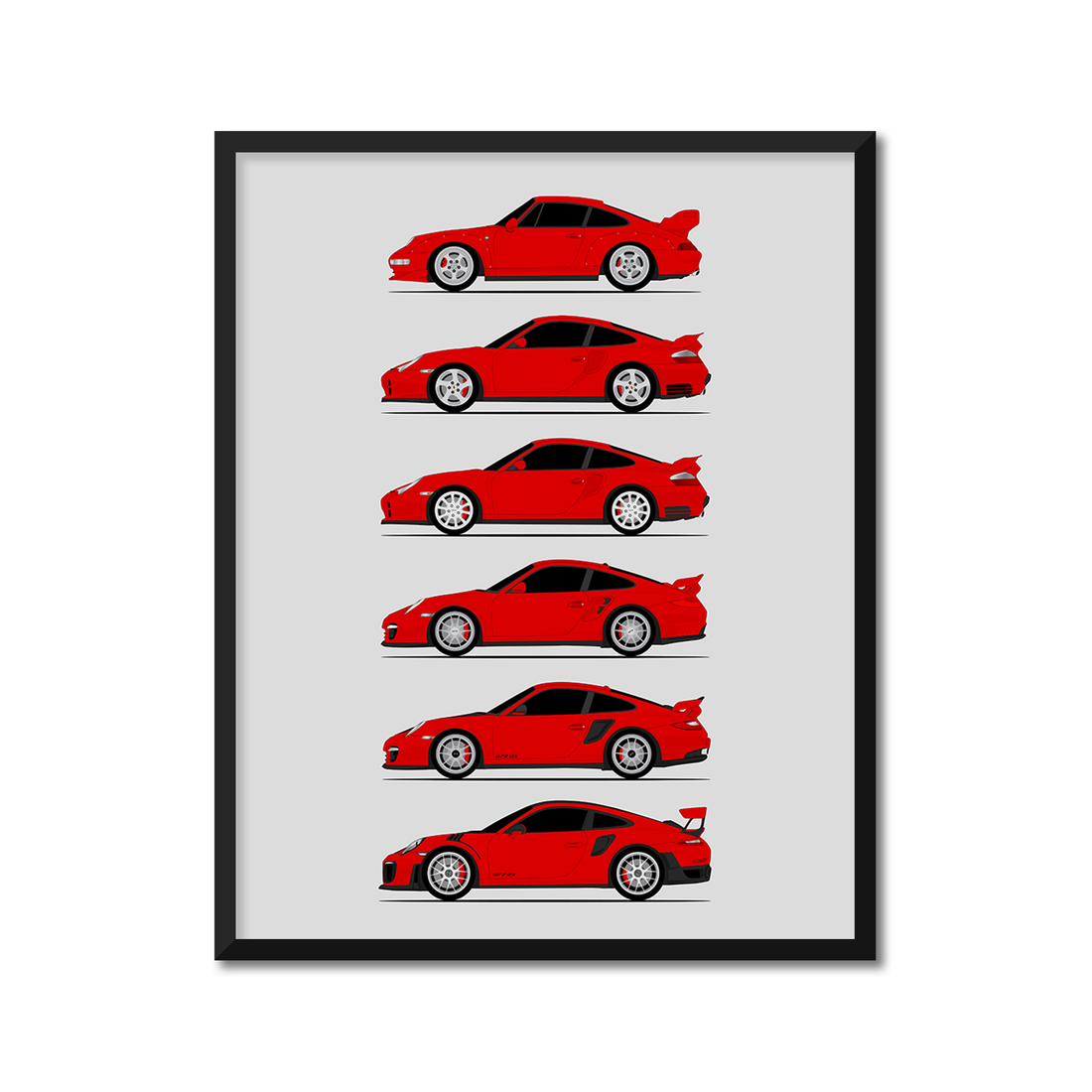 Porsche GT2 Generations History and Evolution Poster (Side Profile)