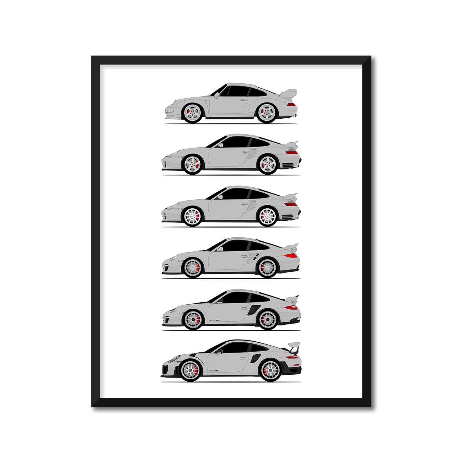 Porsche GT2 Generations History and Evolution Poster (Side Profile)