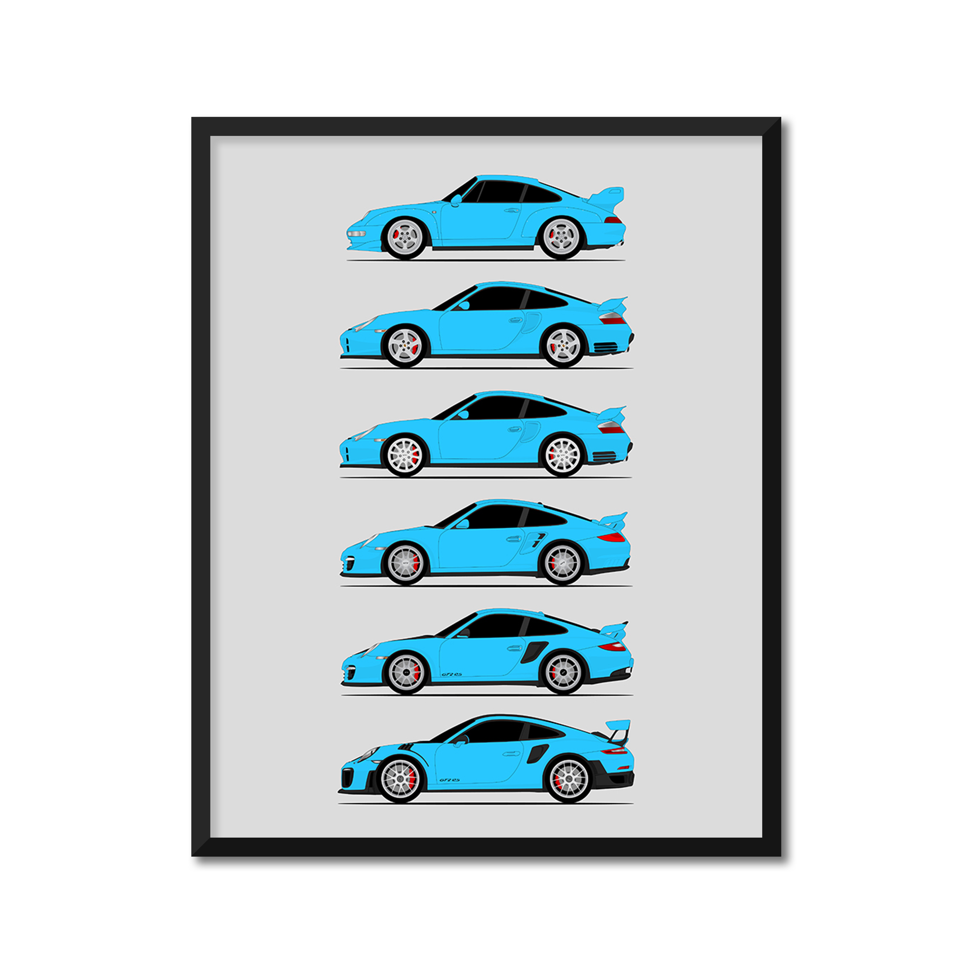Porsche GT2 Generations History and Evolution Poster (Side Profile)
