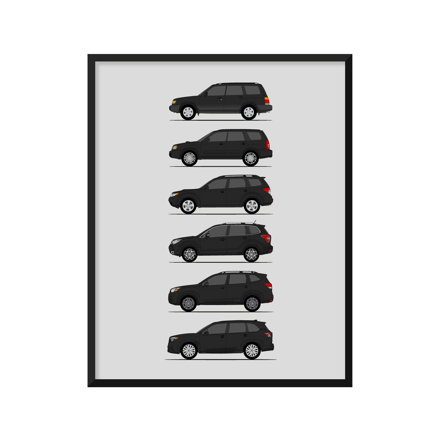 Subaru Forester Generations History and Evolution Poster (Side Profile)