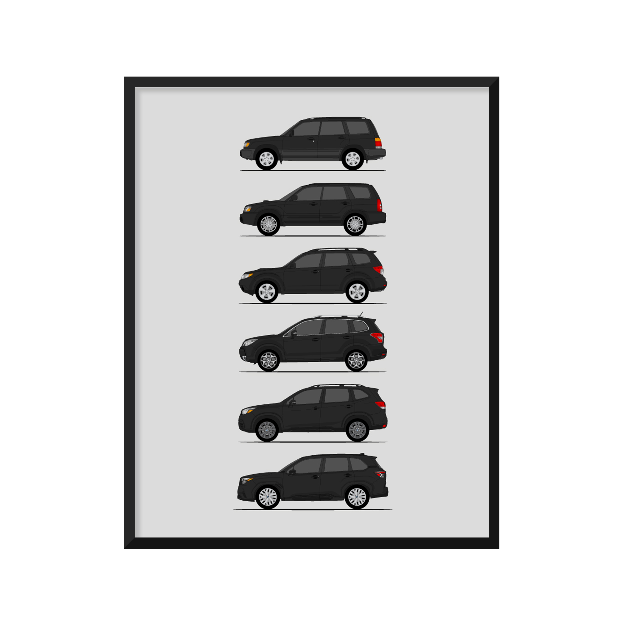 Subaru Forester Generations History and Evolution Poster (Side Profile)