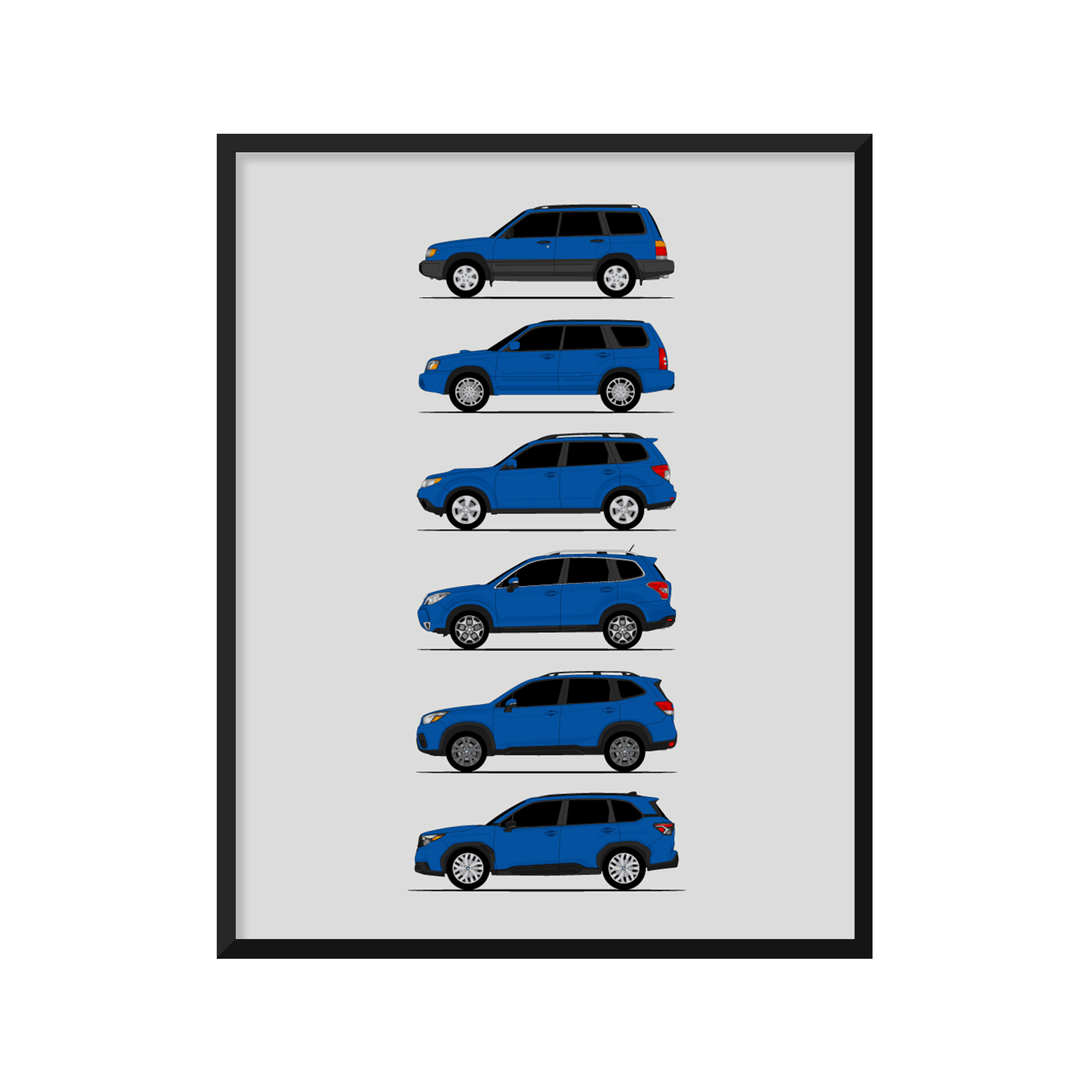 Subaru Forester Generations History and Evolution Poster (Side Profile)